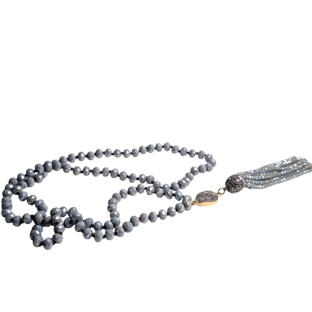 Boho Blue Gray Glass Czech Bead Druzy Sparkle Bead Tassel Necklace
